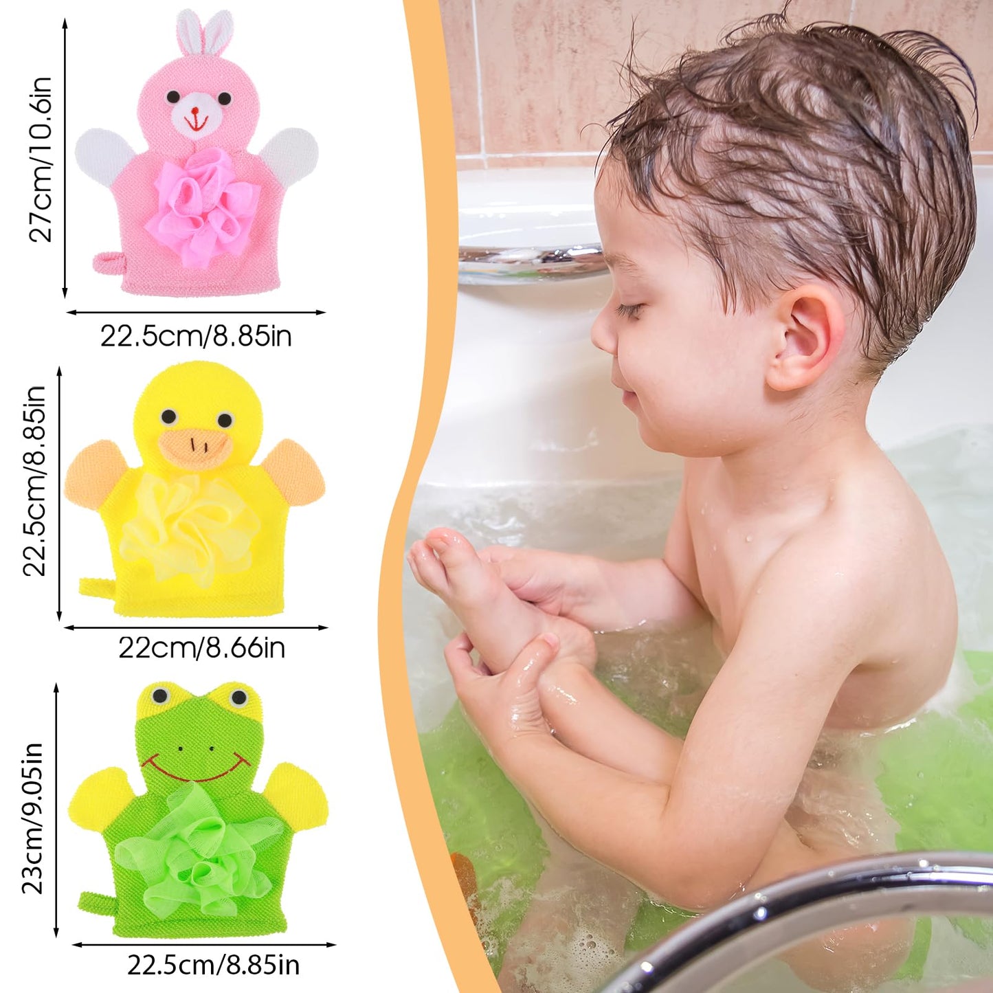 Qianyu 3pcs Bath Mitt Washcloth Glove Exfoliating Glove Body Scrubber Cute Cartoon Design Exfoliating Glove Gentle Soft Scrub Loofah Bath Sponge for Kid Shower Washing Easy Lather (Yellow/Green/Pink)