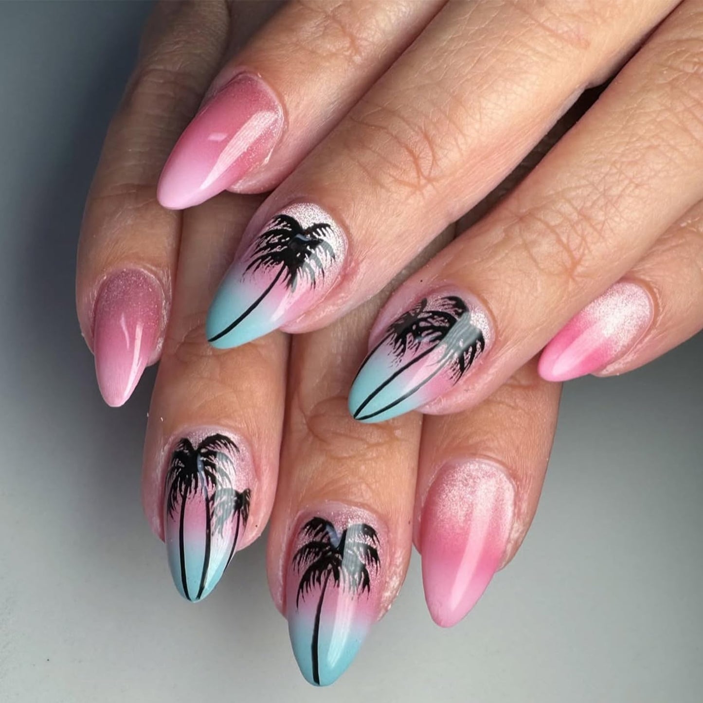 Summer Press on Nails Almond Medium Fake Nails with Pink Coconut Tree Designs Glossy Glitter Acrylic Nails Press ons, 24Pcs Reusable Stick on Nails for Women Beach Vacation Daily Wear
