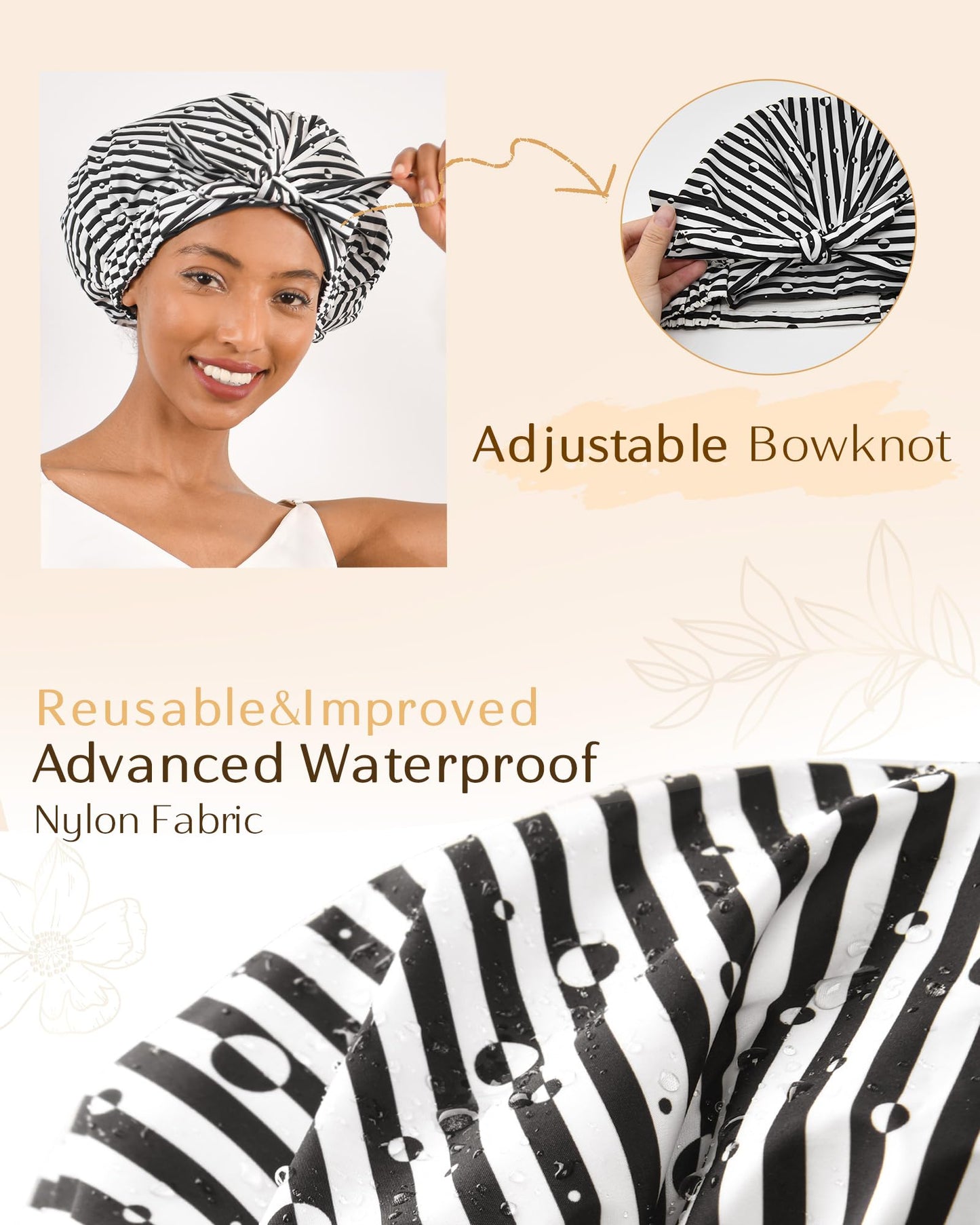 Yanibest Shower Cap for Women Reusable Waterproof, Adjustable Non-Slip Shower Hair Cap, Washable Bath Hat for Long Hair
