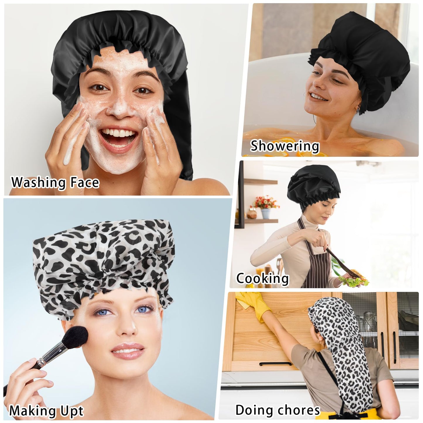 2 Pcs Large Shower Cap for Braids, Extra Long Shower Cap for Women Long Hair & Locs, Waterproof Hair Bonnets for Dreadlocks Drawstring Bath Caps for Women & Men (Black, Cow Print)