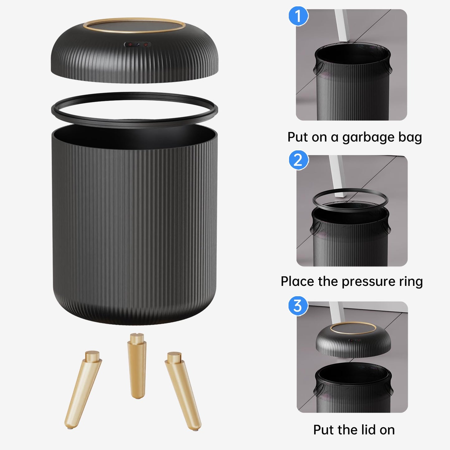 URALFA Motion Sensor Trash Can with Lid, 3 Gallon / 11 L Automatic Bathroom Trash Can, Touchless Trash Bin, Smart Plastic Garbage Can with Removable Legs for Bathroom, Bedroom, Kitchen, Office, Black