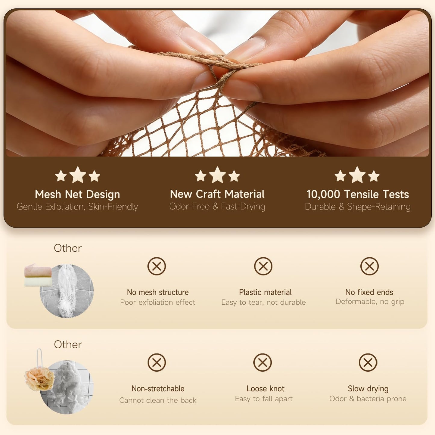 Tonater Body Scrubber 2 Pack, Authentic African Exfoliating Net Sponge Bath Shower Loofah, Up to 47.2" Stretched Nylon Scrubber for Sensitive Skin, Travel Portable Spa Gifts-Light Beige + Dark Brown