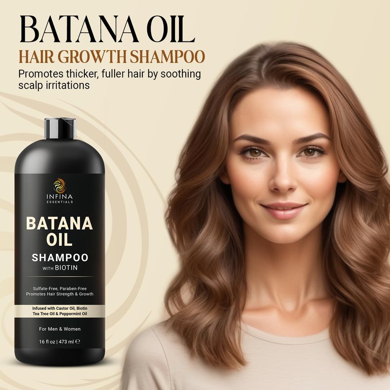 INFINA ESSENTIALS Batana Oil Shampoo | 16 fl oz | with Biotin & Tea Tree | Moisturizing, Strengthening & Nourishing Formula | Promotes Hair Growth and Thickness
