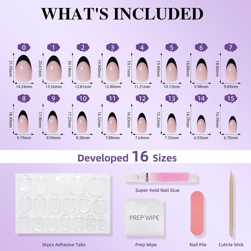 Black French Tip Press On Nails, Short Almond Fake Nails, Reusable Glue On Nails with Nail Glue, French Tip Design for Women 32 Pieces 16 Sizes