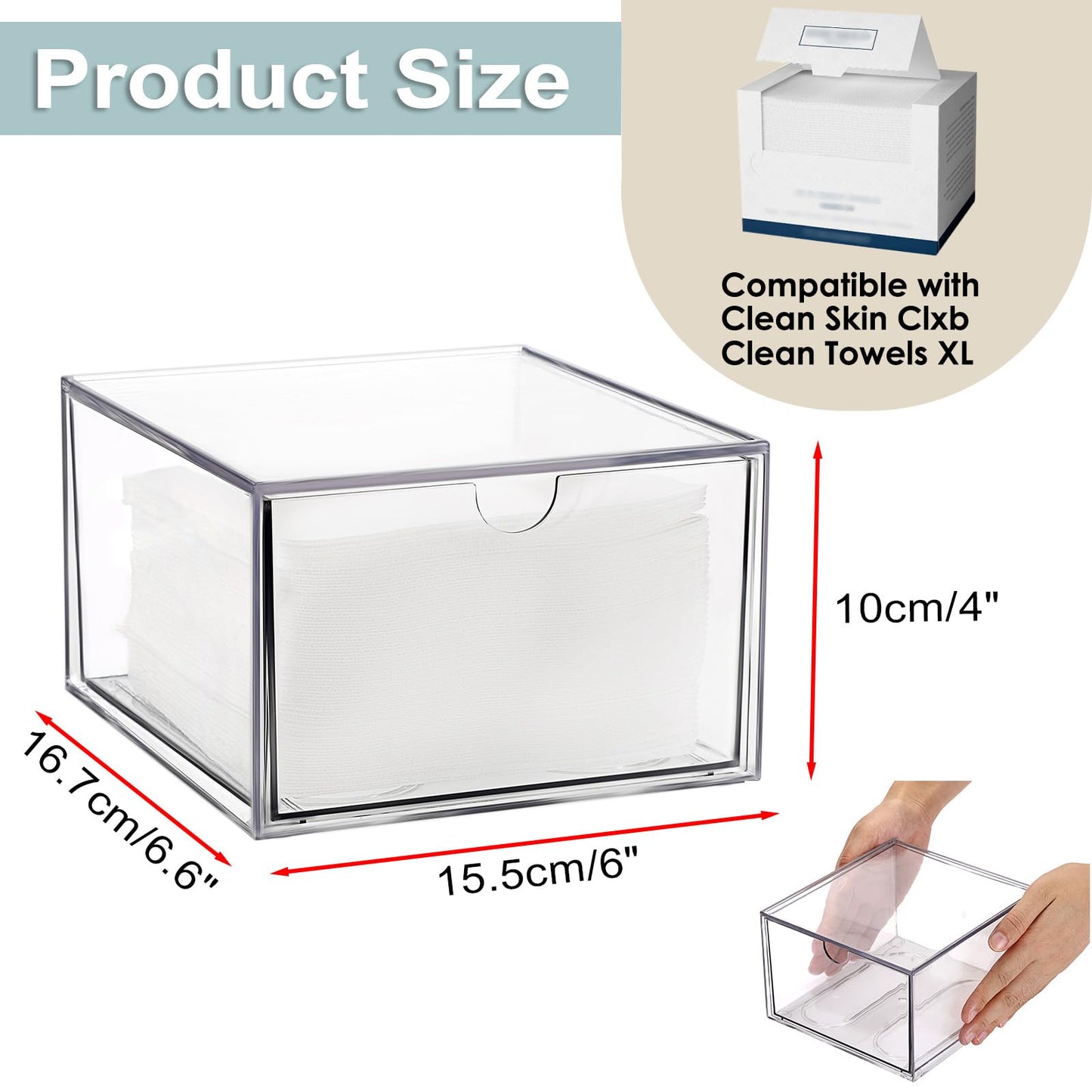 Sumnacon Disposable Face Towel Holder for Bathroom Vanity, Clear Plastic Facial Towels Holder Container with Drawer Storage, Face Towels Case Organizer Compatible with Clean Skin Cluub Towel