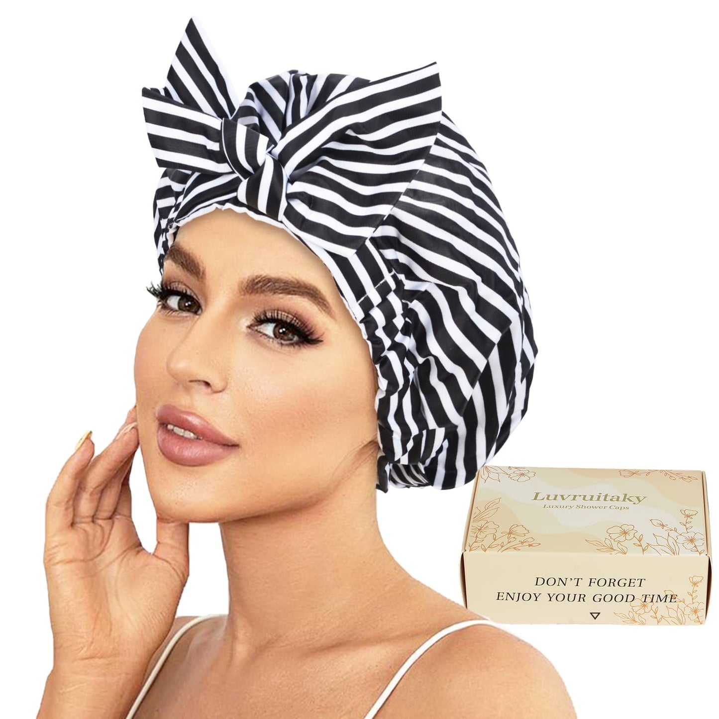 Luvruitaky Shower Cap Luxury Shower Caps for Women Reusable Waterproof Hair Cap for Shower with Adjustable Bowknot Hair Bath Cap (Black Stripe)