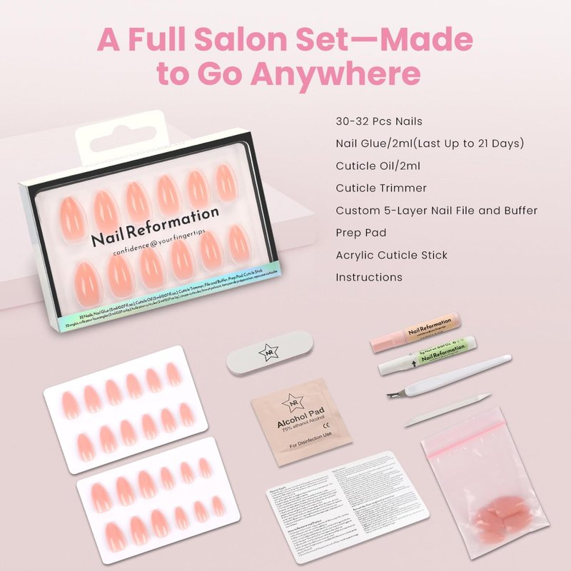 Nail Reformation Press On Nails, Baby Blush | Soft Pink Short Almond Fake Nails in Glossy Finish, Salon Quality, Natural Reusable Stick On Nails in 16 Sizes - 32 Nail Kit with Glue, Gifts for Women