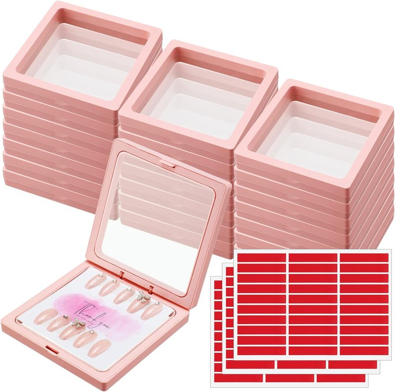 Meekoo Press-On Nail Packaging Box - 30 Pcs with 90 Pcs Double-Sided Tape | Pink Acrylic Storage Case