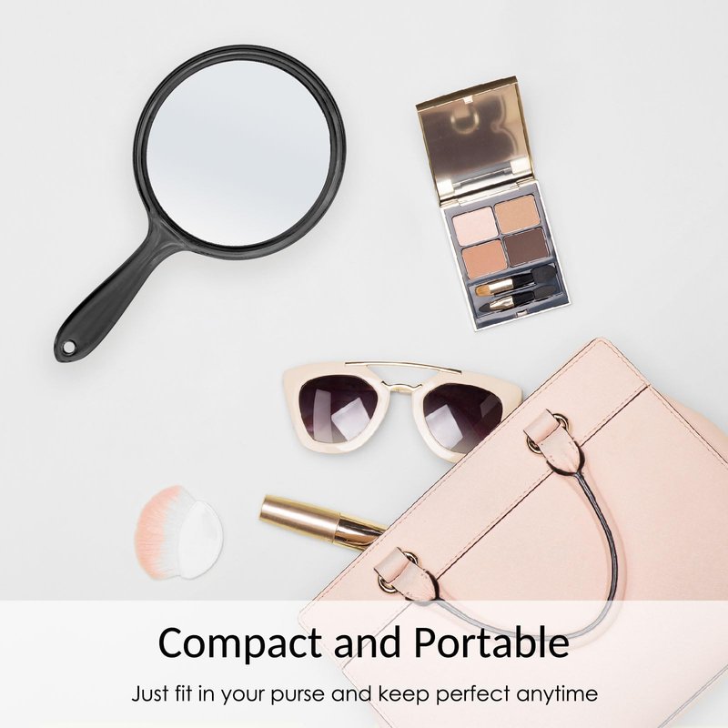 D Double Sided Mirror - Handheld Mirror with Handle - Makeup Mirror 1X/ 2X Magnifying Mirror Rounded Shape Hand Mirror - Black