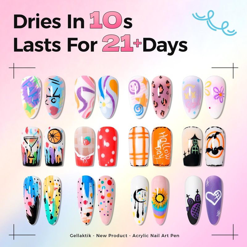 GELLAKTIK 12 Colors Nail Art Pens Set, 3D Nail Polish Pens Quick-Drying Acrylic Paint Markers, Dotting Liner Brush for DIY Nail Design, Home & Salon Manicure Tools
