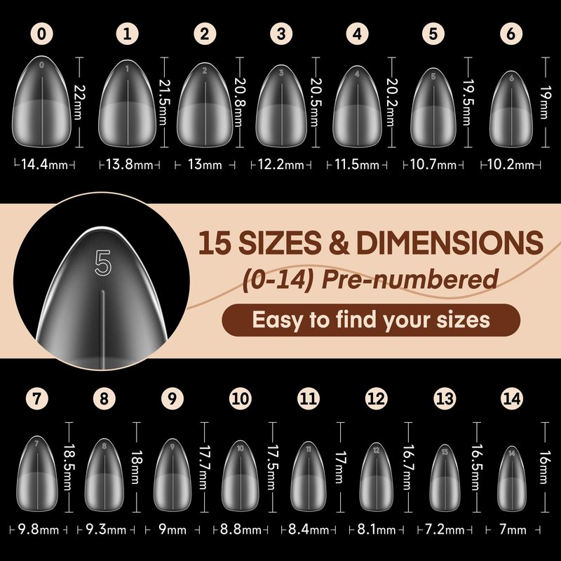 Luckyfairy Short Almond Nail Tips, 240pcs 15 Sizes Soft Acrylic Gel Nail Tips Pre-shape Full Cover False Nails Long-Lasting Press on Almond Nails Tips Set for Nail Extensions Nail Salon DIY