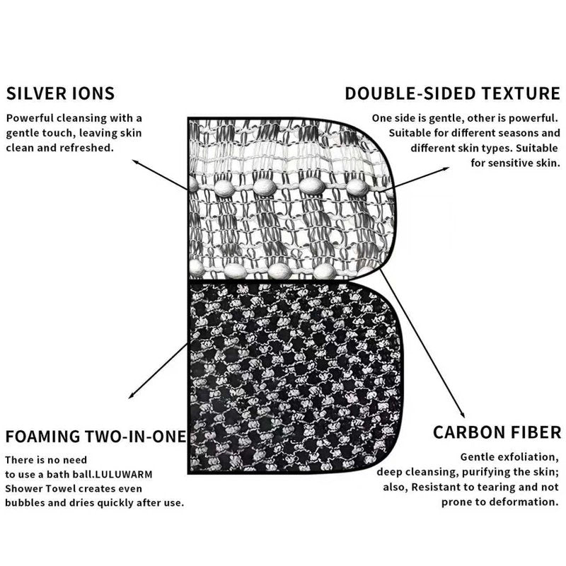 LULUWARM Exfoliating Shower Towel, Quick-Dry Double-Sided Body Scrubber, Oversized 48"x12" Extra Long to Clean Back & All Hard-to-Reach Spots, Gentle for All Skin,Black