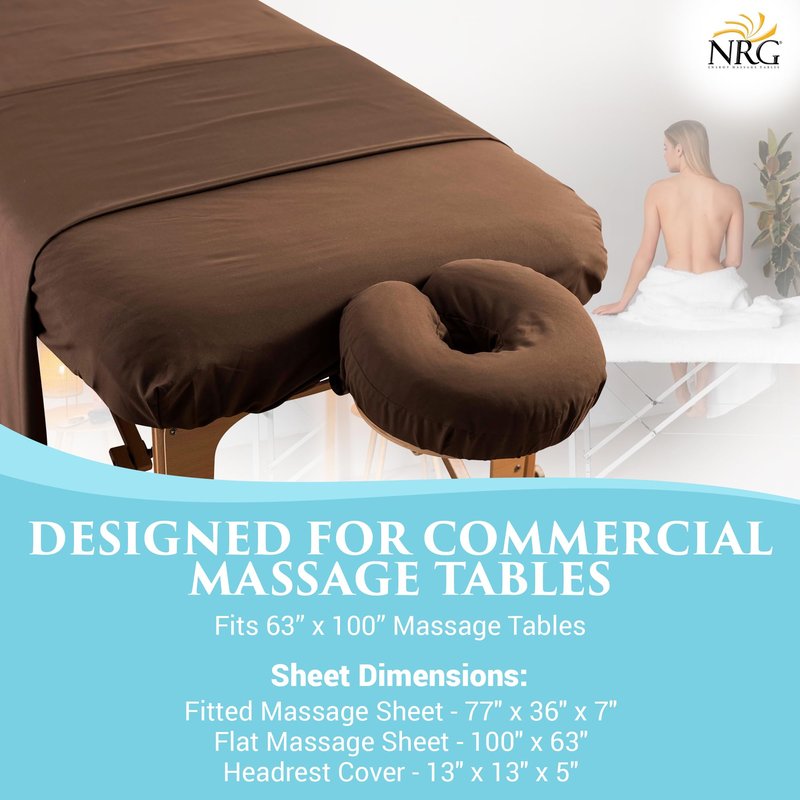 Premium Microfiber 3 Piece Massage Sheet Set by NRG - Includes Massage Table Flat Sheet, Fitted Sheet and Face Rest Cover - 100% Double Brushed Polyester, Soft as Silk - 120 GSM - Color Dark Chocolate