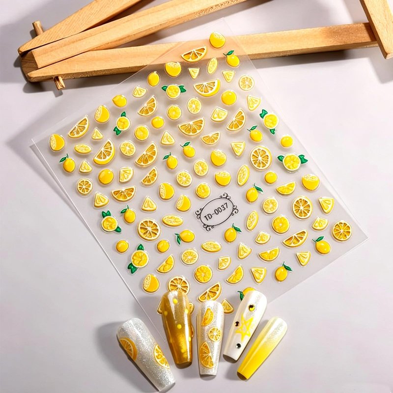 2Pcs Lemon Nail Stickers 5D Embossed Summer Fruit Slice Nail Decals DIY Glossy Yellow Lemon Nail Art Stickers Cute Cartoon Fun Adhesive Sliders Acrylic Nails Supply for Women Home Manicure