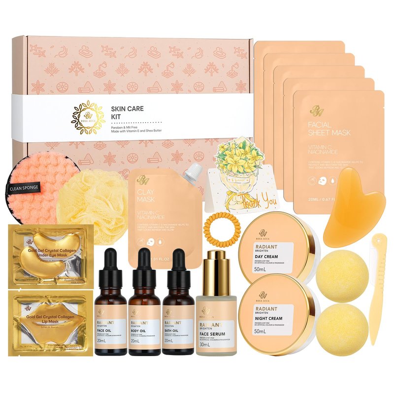 23 Pcs Mother's Day Gifts for Mom, Orange Facial Skin Care Set for Women & Men, Bath and Body Gifts Basket Kit, Home Spa Gift Baskets, Birthday Gifts For Women, Serum, Clay Mask, Christmas,Anniversary