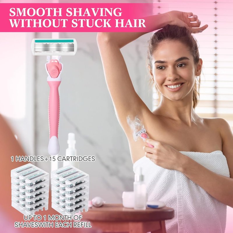 Lasnten 16 Pcs Women Razor 6 Blade Shaving Razor Kit, 1 Handle and 15 Cartridge Refills for Women Lady Sensitive Skin