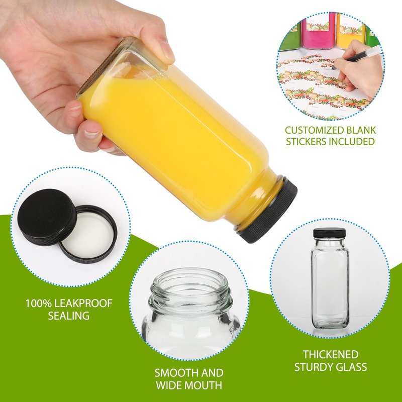 Alotpower 8 oz Glass Juice Bottles with Lids 12Pack, 240ml Square Reusable Drinking Bottles for Juicing, Water, Kombucha Juices, Milk, Beverages and More (8fl.oz, Set of 12)