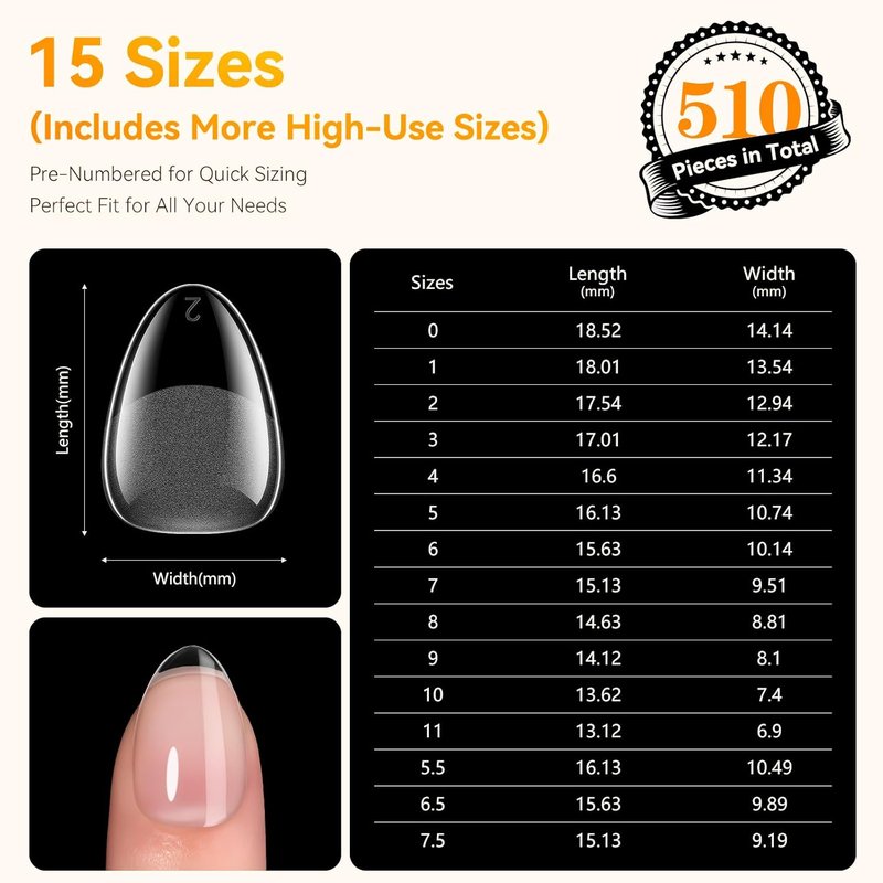 Makartt Almond Nail Tips: 510pcs Full Cover Extra Short Fake Nails, 15 Sizes Soft Gel Half Matte Pre-shape Soak Off for Press on Nails DIY for Extension No Crease Acrylic Nail Manicure Salon Home