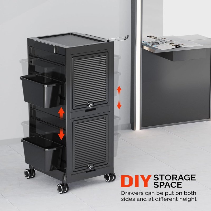 OmySalon Salon Trolley Cart, Hair Stylist Station with 2 Lockable Doors, Rolling Hair Cart Organizer with Drawers & Bucket & Dryer Holder, Barber Shop Hairdressing Beauty Tattoo Versatile Equipment
