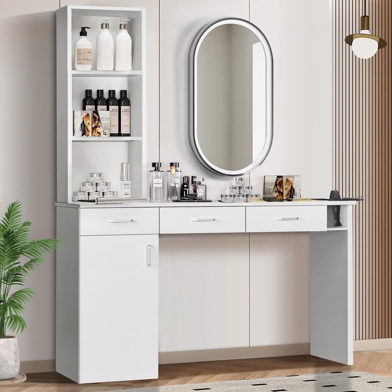 4ever2buy Hair Salon Station for Hair Stylist, Salon Wall Station with Barber Cabinet, Barber Stations Equipment Hair Dryer Holder, Drawers (White)