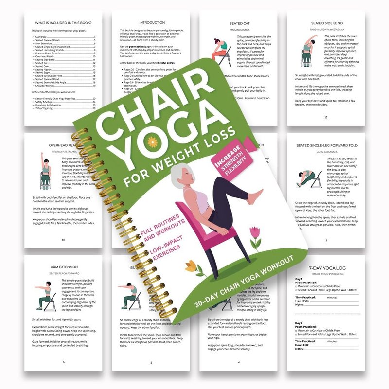 Chair Yoga for Seniors Over 60 Book & Chart, Chair Yoga for Weight Loss & Toning, 30-Day Challenge, Exercise Book for Seniors over 60 (Green)