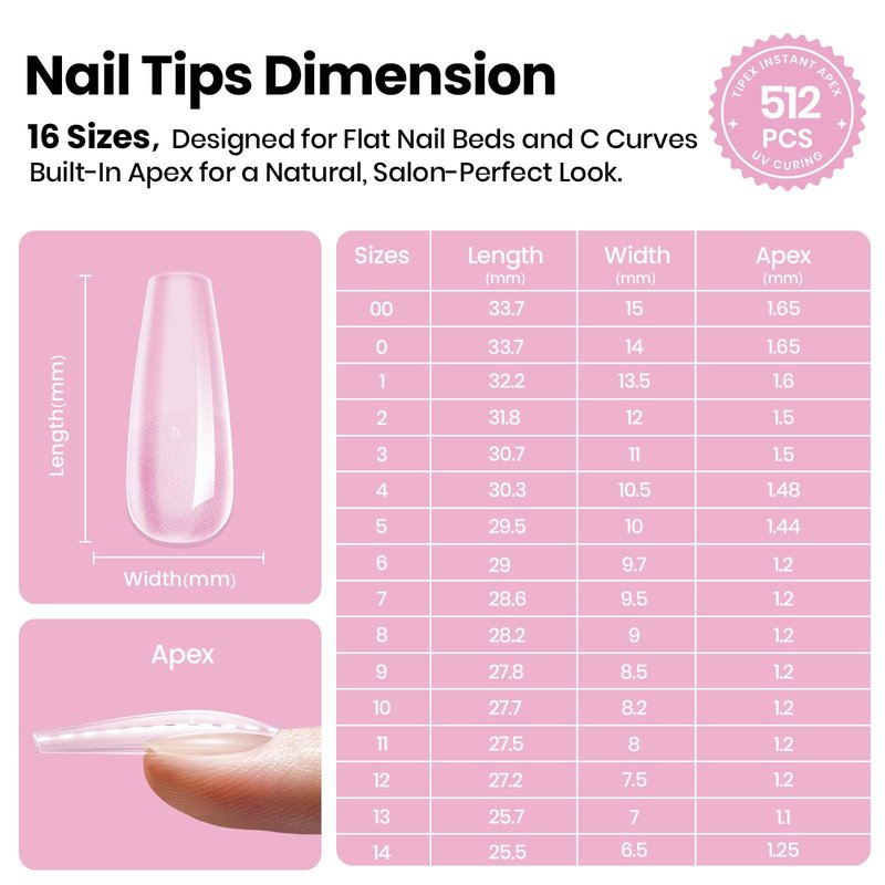 Beetles Tipex Lite Apex Nail Tips, Coffin Long, 512pcs 16 Sizes,Pre-Building Pre-Etched Acrylic Nail Tips for Flat Nails & Natural Nail Beds