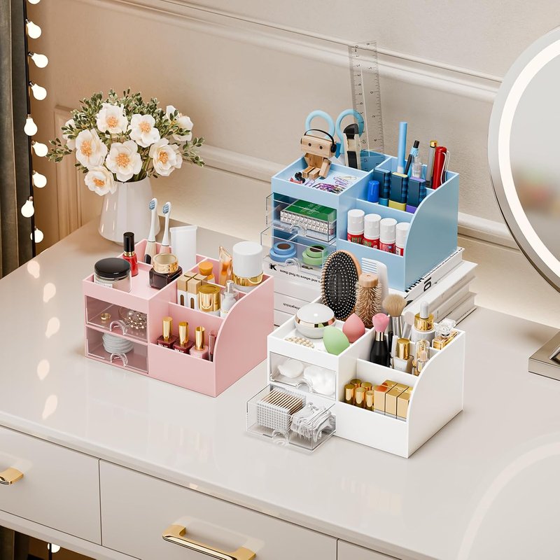 Skiennix Makeup Organizer - 2 Drawer Vanity Storage with Brush Holder | White Countertop Display Case