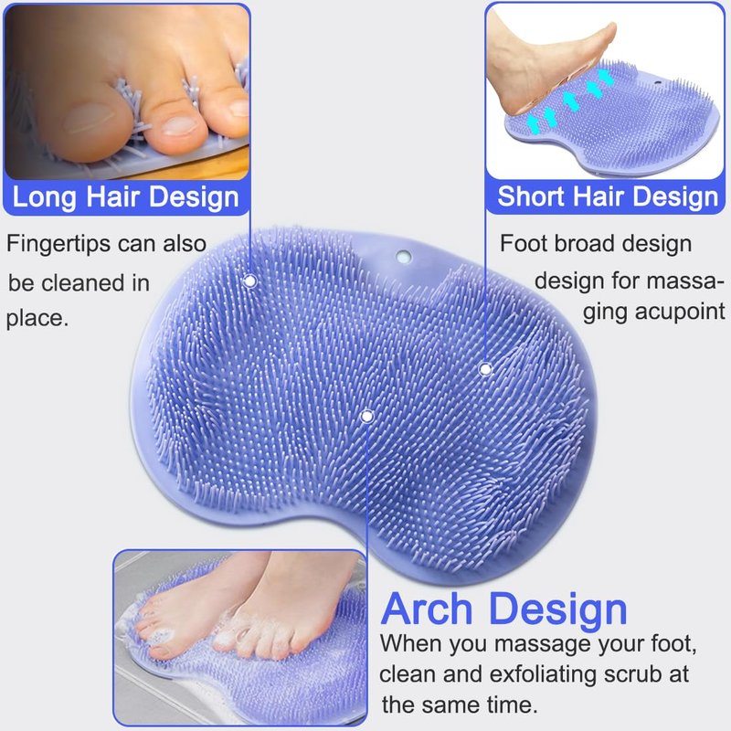 2 PCS Shower Foot & Back Scrubber Mat Hands Free Foot Massager Mat with Non-Slip Suction Cups, Wall Mounted Silicone Bathroom Wash Foot Pad Exfoliating Dead Skin Foot Brush (Grey & Purple)