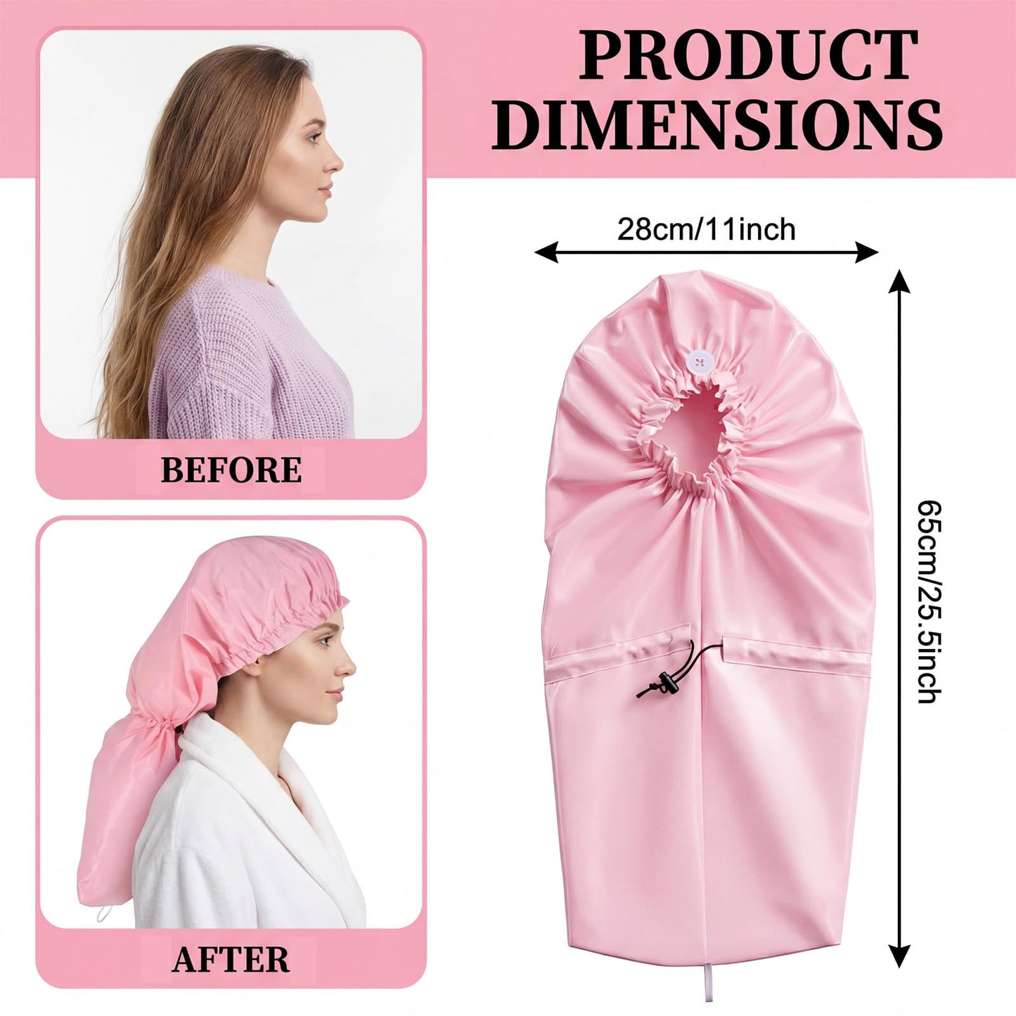 1 Pack Large Shower Caps for Braids – Extra Long Waterproof Hair Bonnet for Women & Men, Reusable XL Bath Cap for Locs, Dreadlocks, Thick Curly Hair, Drawstring Adjustable (Pink)
