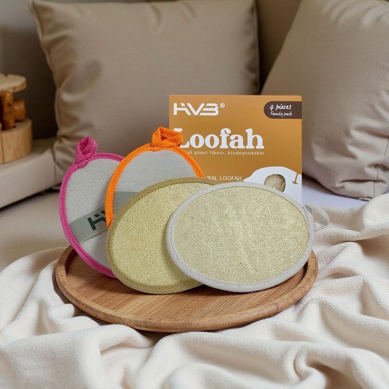 HVB Natural Loofah Exfoliating Bath Sponge, Made from Natural loofah, Unisex, Suitable for Both Facial and Body Cleansing – Pack of 4 (1 Box)