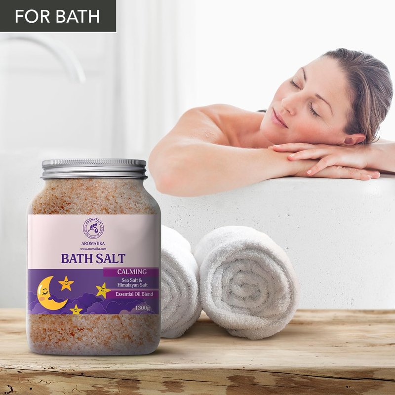 Calming Bath Salts 46 Oz - 1300g - w/Sandalwood & Lavender & Bergamot Essential Oils - Natural Bath Sea Salts 1.3 kg - Good Sleep - Relaxing - Body Care - Beauty - Aromatherapy