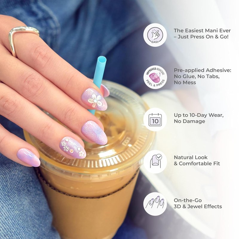 Kiss Impress No Glue Mani Press On Nails - 'Pick Me First' Pink Oval Design | Medium Size, 30 Nails Included