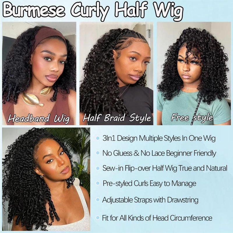Amella Half Wig - Burmese Curly Human Hair | 200% Density, Beginner-Friendly, 26-Inch Natural Color