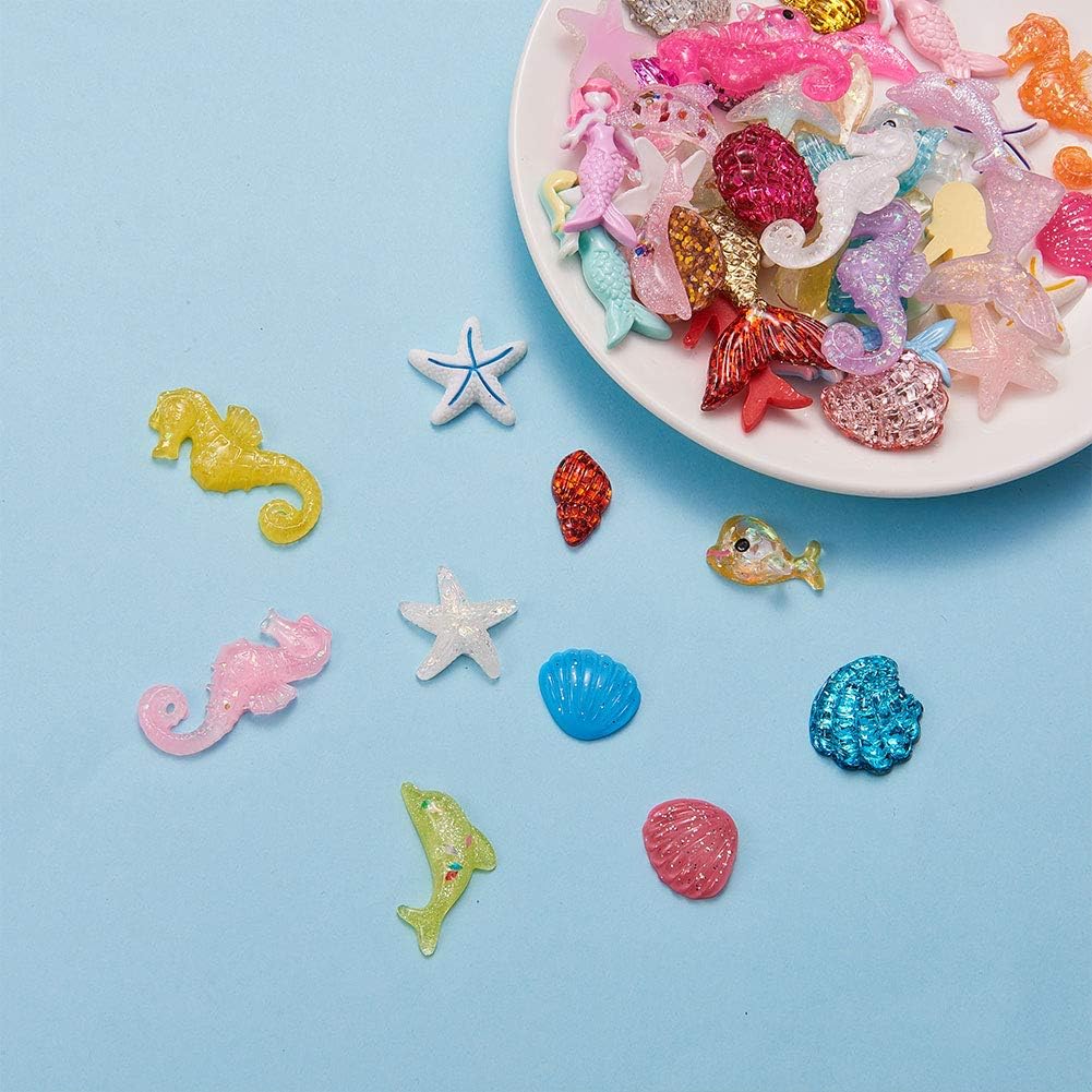 SUNNYCLUE Ocean Theme Resin Cabochon Charms - 100Pcs Mixed Mermaid Tail, Starfish & Dolphin Beads for DIY Jewelry Making