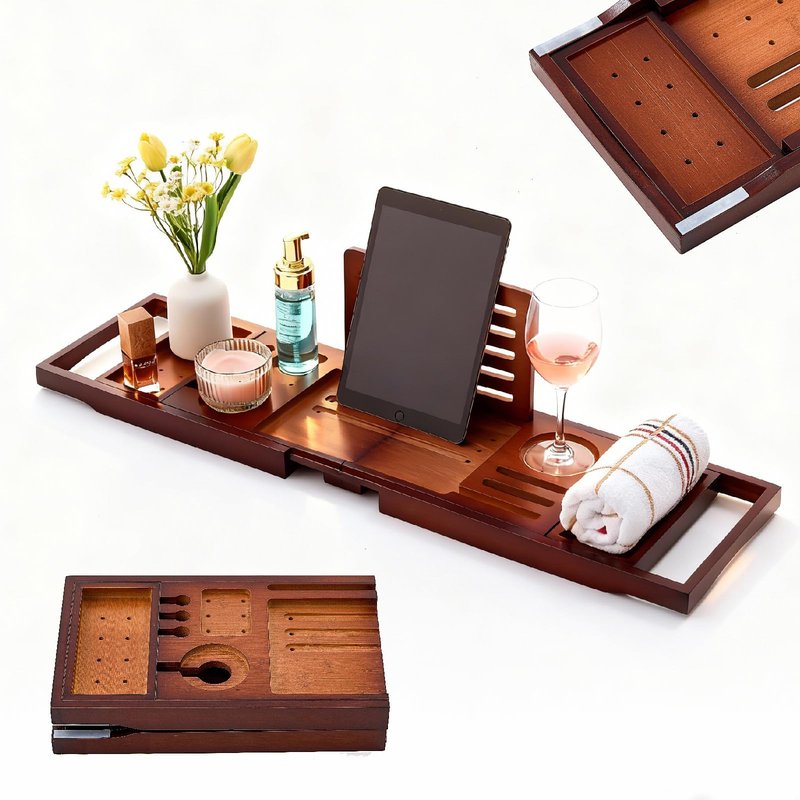Premium Foldable Bamboo Bathtub Tray Caddy, Expandable Bath Caddy Tray with Holder, Brown Bath Shelf Over Tub, Spa Bathroom Accessories & Gifts for Home