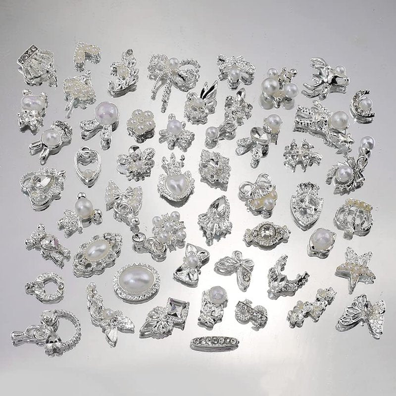 50pcs Luxury Nail Rhinestones Random Silver Nail Charms 3D Alloy Butterfly Nail Art Charms Metal Bowknot Bear Nail Gems Heart Star Flower Charms for Nails Mix Styles Nail Jewels for Nail Art Supplies