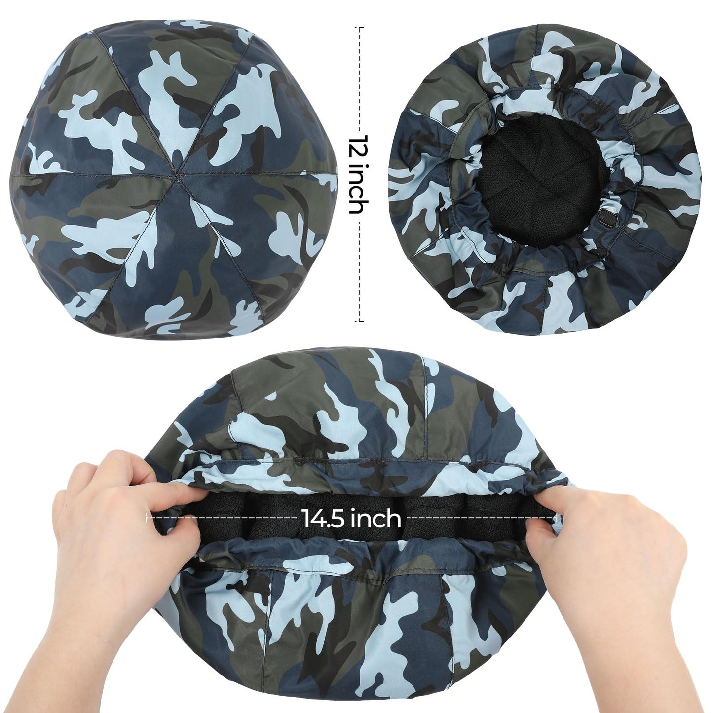 Shower Cap for Men Blue Camouflage Bath Cap, Reversible Large Waterproof Adjustable Shower Caps Terry Lining & Elastic Band Stretch Hem Hair Hat