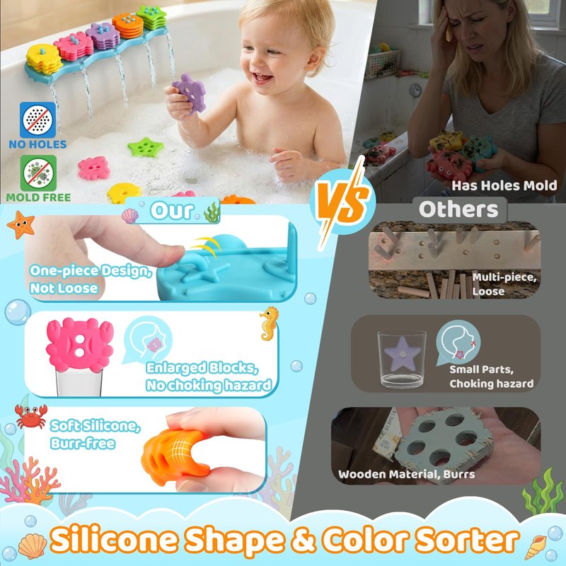 Baby Bath Toys for Kids Ages 1-3 Mold Free Bath Toys Toddlers 2-4 Silicone 21 PCS Ocean Shape Sorters for Toddlers 1-3 Stacking Bathtub Suction Water Play Toys for Toddlers 3-5 Boy Girl Early Learning