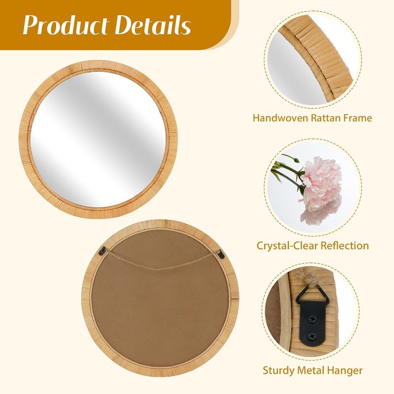 Rattan Wall Mirror - 20" Boho Round Decorative Mirror for Bathroom, Vanity & Entryway | Farmhouse Style