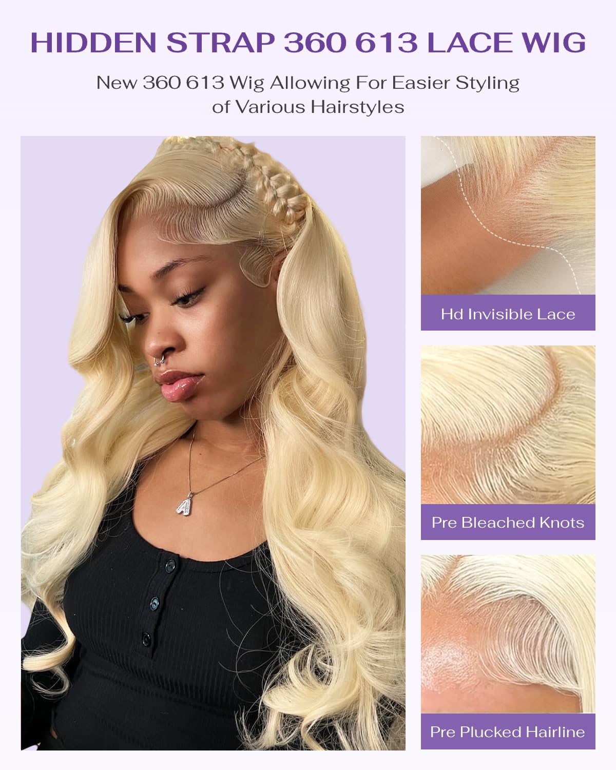 wigcool Hidden Strap Body Wave 360 613 Lace Front Wig Human Hair Glueless Wigs Human hair Pre Plucked Pre Bleached 180% Density Blonde Wig With Drawstring HD Full Lace Human Hair Wigs 26Inch