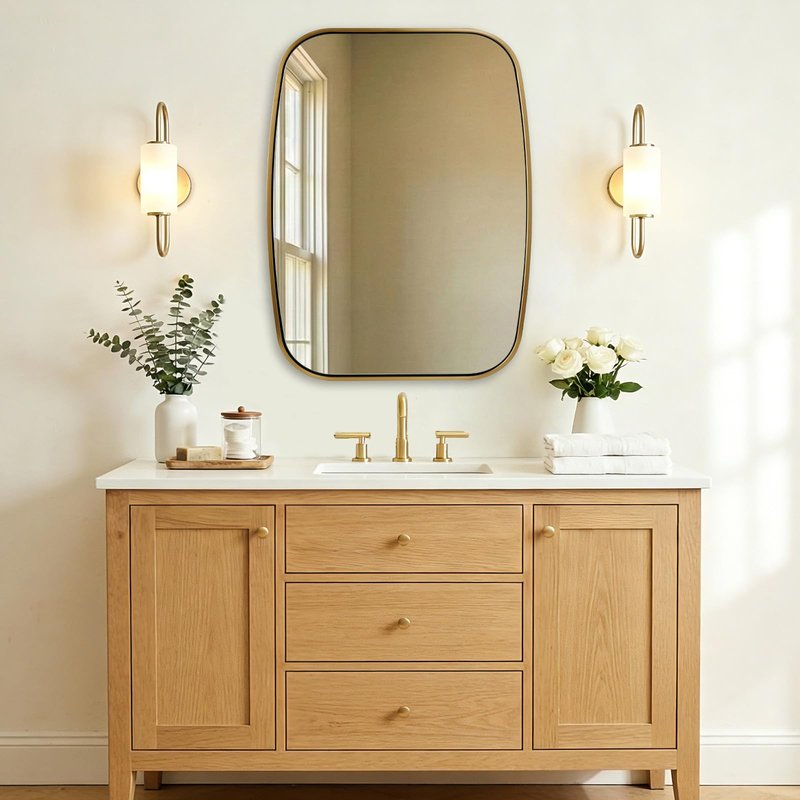 ANDY STAR Brushed Gold Square Oval Bathroom Mirror, 24x32 Inch Brass Oblong Mirrors for Wall, Modern Vanity Mirror in Stainless Steel Metal Squoval Tube Frame, Wall Mount Horizontal or Vertical