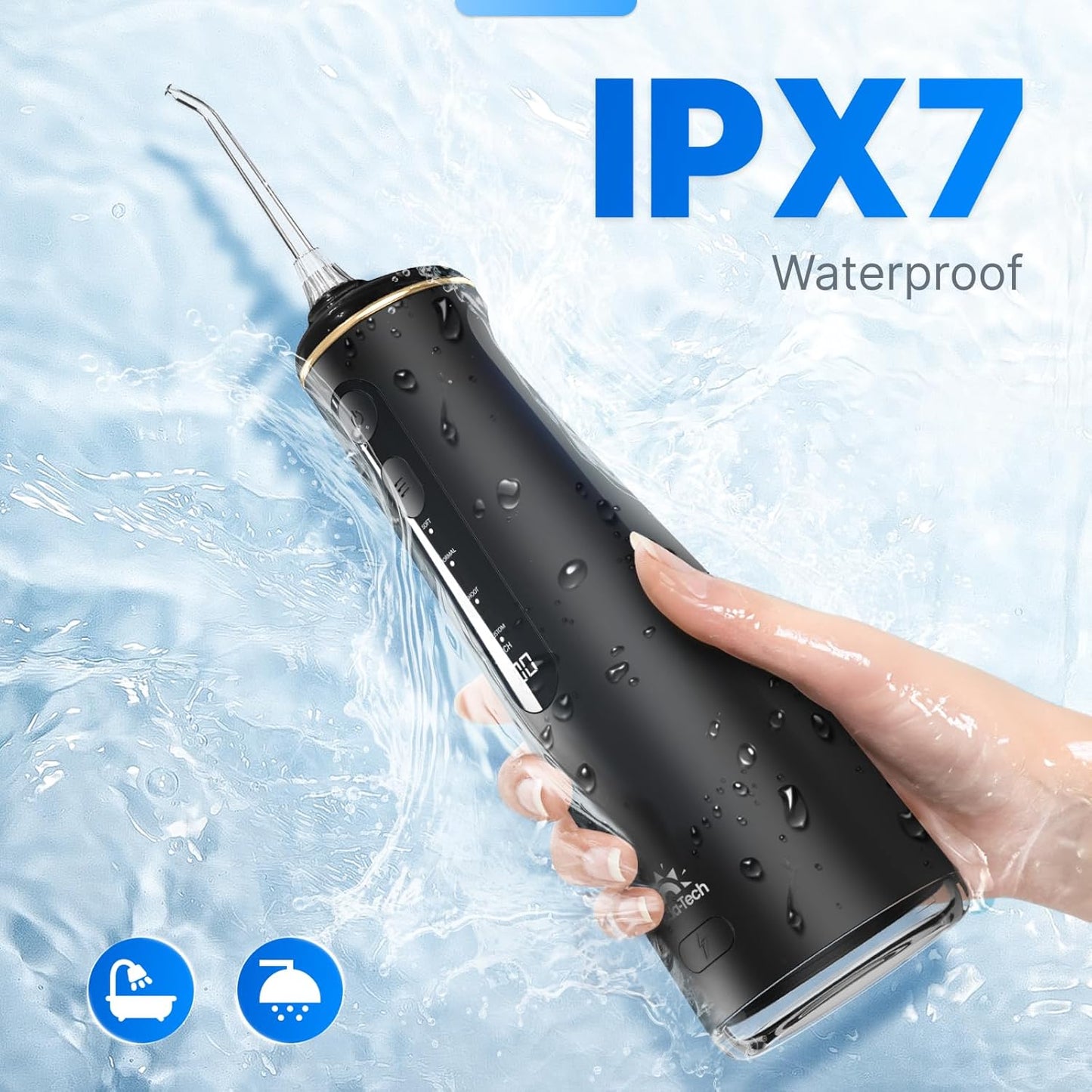 Water Flosser - Cordless Oral Irrigator with 8 Modes & 7 Jets | 300ml Tank for Braces - Rechargeable Black
