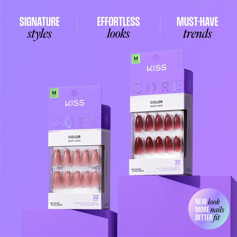 Kiss Core, Press On Nails, Nail glue included, 'Aesthetic', Pink, Short Size, Squoval Shape, Includes 32 Nails, 2g Glue, 1 Manicure Stick, 1 Mini File