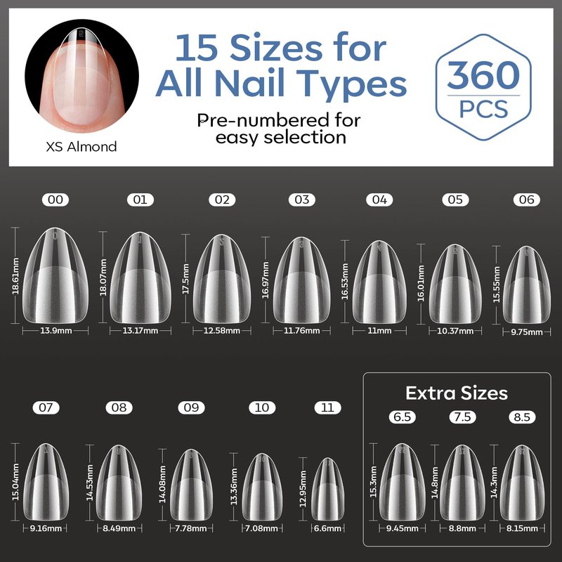 modelones Extra Short Almond Nail Tips, 360pcs Pre-etched Clear Soft Gel Nail Tips Fake Nails Press On Full Cover Half Matte 15 Sizes Acrylic Gel Tips for Extension Salon