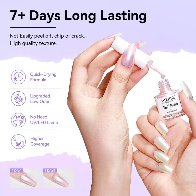MIZHSE Pearlescent Nail Polish Set, 6 Colors Quick Dry Pearl Nail Polish, Air Fast Drying Nail Lacquer Non Gel Oil-based Pink Purple Blue Gray Nail Art Manicure Home DIY Gift for Women