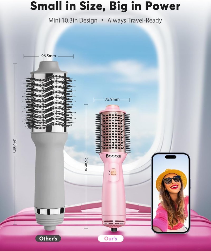 Bopcal 2" Travel Blow Dryer Brush - 4-in-1 Ionic Hot Air Brush for Volumizing, Straightening & Curling | Dual Voltage 100-240V
