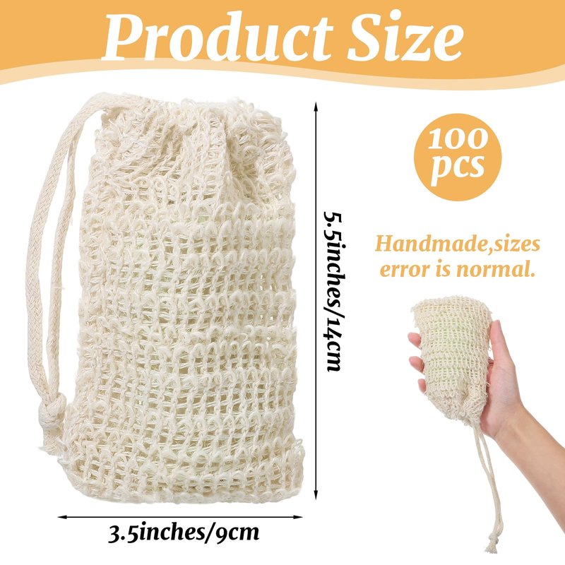Ckhoid 100PCS Sisal Soap Saver Bags, Natural Sisal Soap Exfoliating Bag with Drawstring, Reusable Mesh Foaming Soaps Pouch for Bath & Shower, Soaps Holder Drying Bag Savers