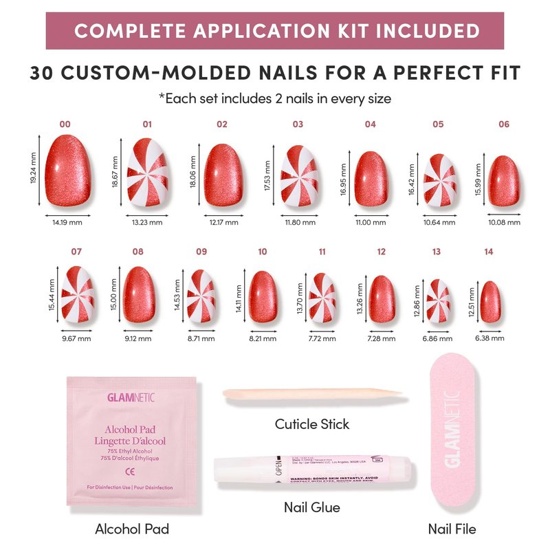 Glamnetic Press On Nails - Candy Crush | Short Oval Velvet Holiday Nails, 15 Sizes - 30 Nail Kit with Glue