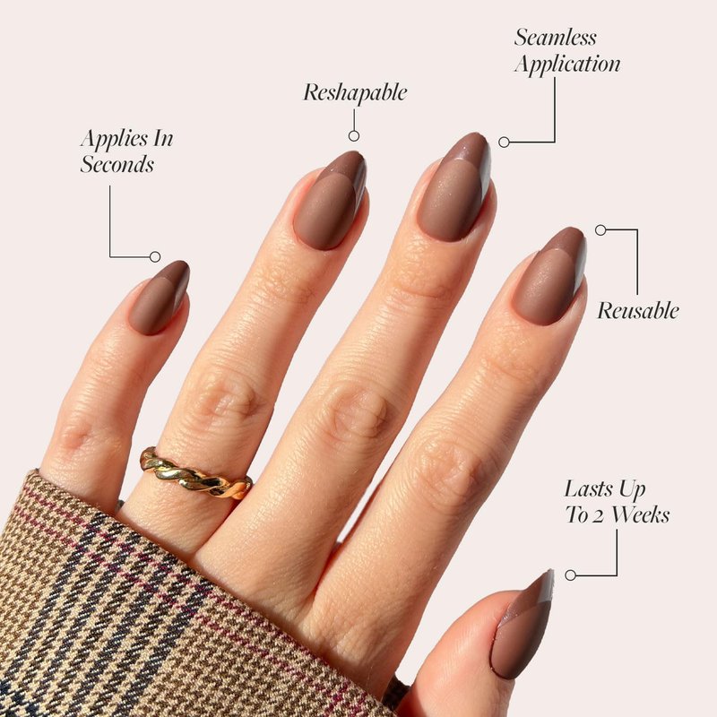 Glamnetic Press On Nails - Terra Short Almond Dark Brown Fake Nails | Glossy French Tips, Salon Quality, 30 Nail Kit with Glue