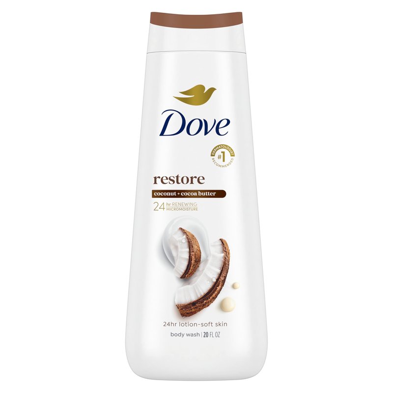 Dove Body Wash Restore Coconut & Cocoa Butter for 24hr Lotion-Soft Skin Moisturizing Skin Cleanser with No Sulfates No Parabens 20 oz